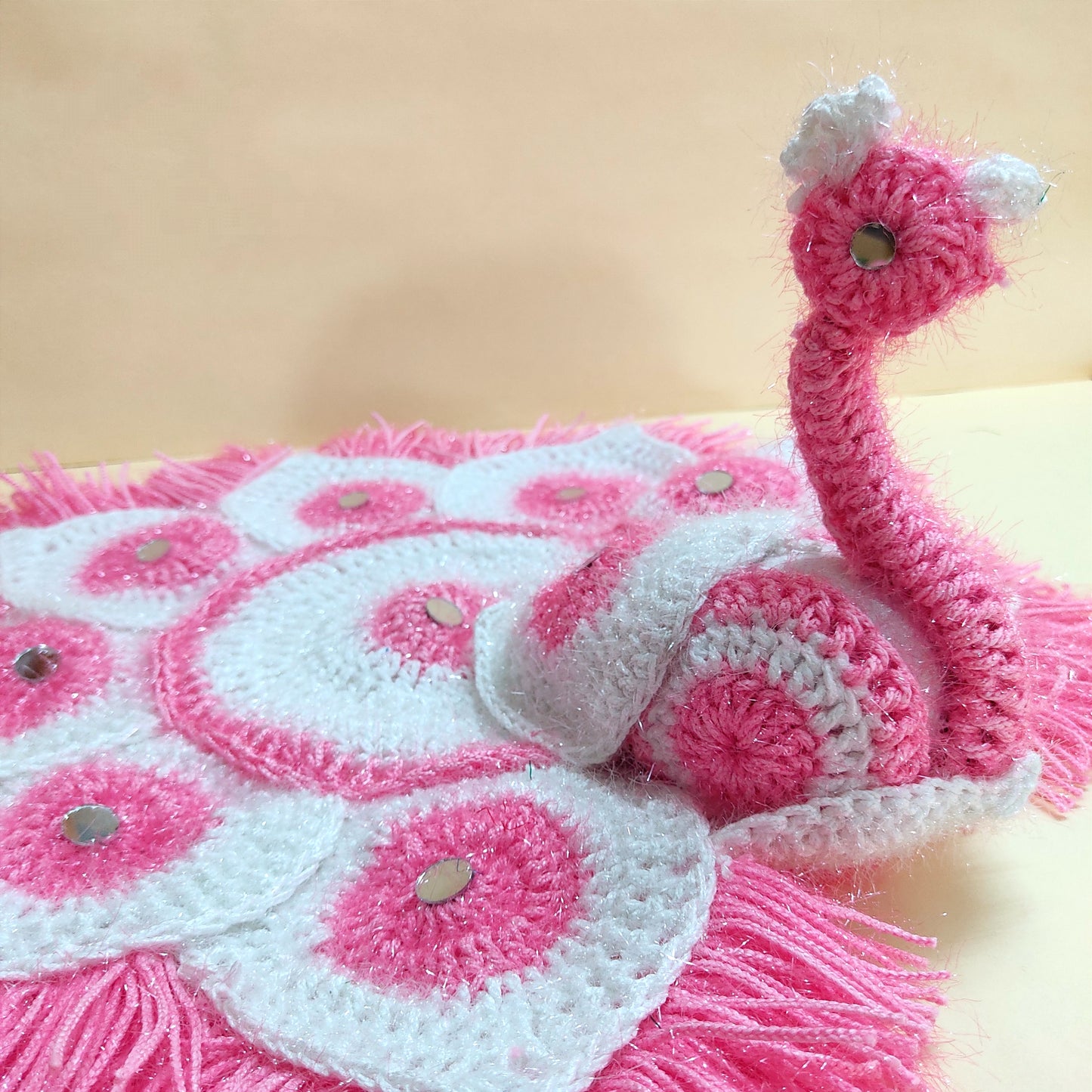 Handmade Crocheted Peacock-Inspired Pink and White Aasan for Kanha Ji | Elegant Thalposh | Sacred Table Cover & Home Decor