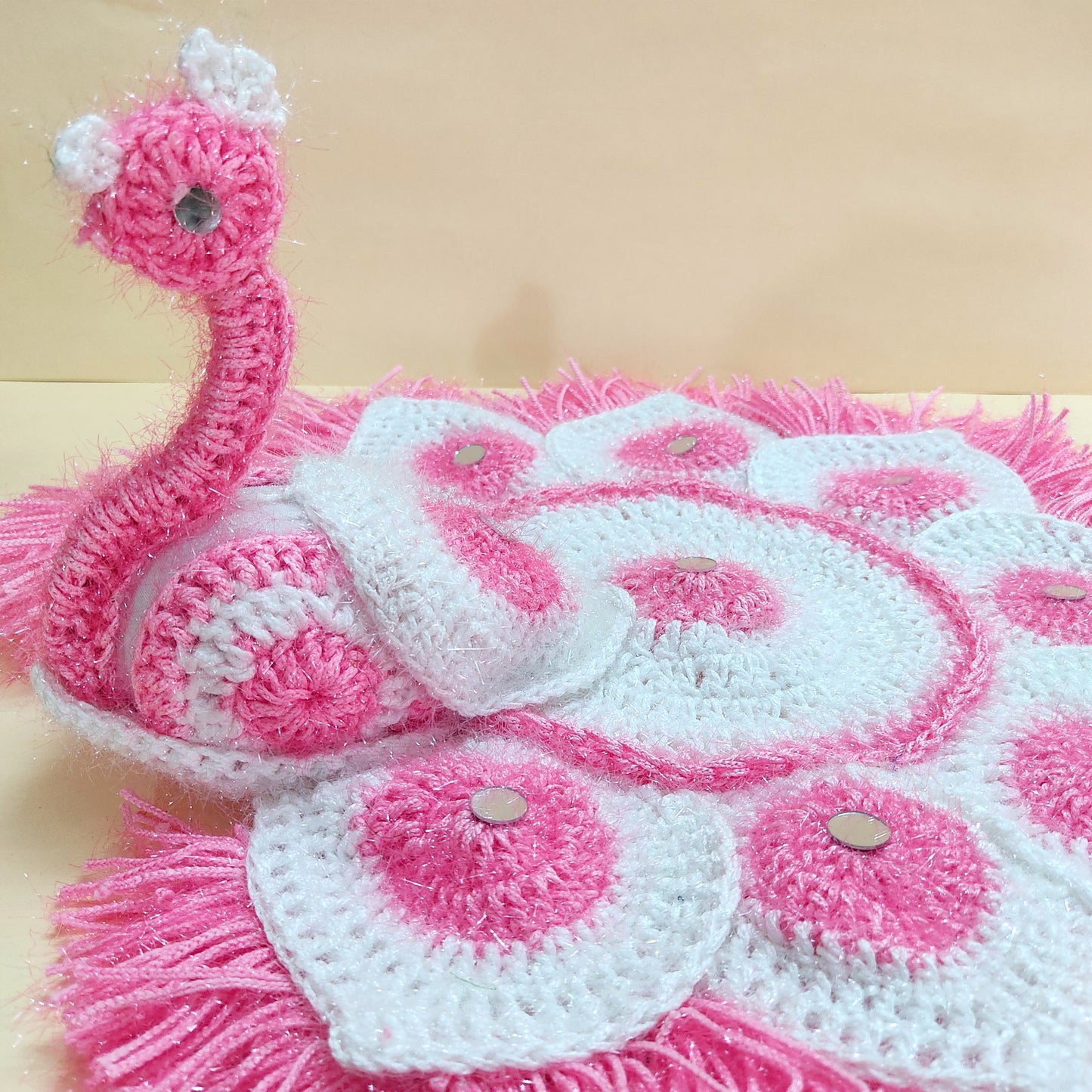 Handmade Crocheted Peacock-Inspired Pink and White Aasan for Kanha Ji | Elegant Thalposh | Sacred Table Cover & Home Decor