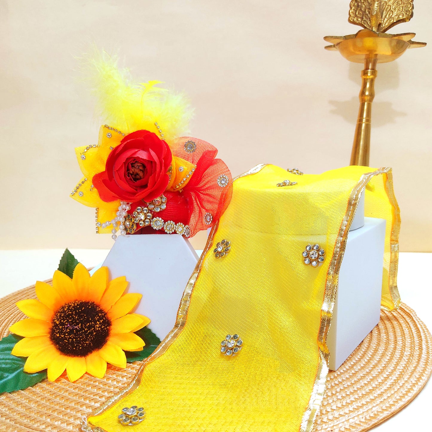 Diwali Special Red & Yellow Kanha Ji Poshak with Diamond Lace & Floral Accents with Mukut, Pataka Set, Bansuri & Full Shringar Set