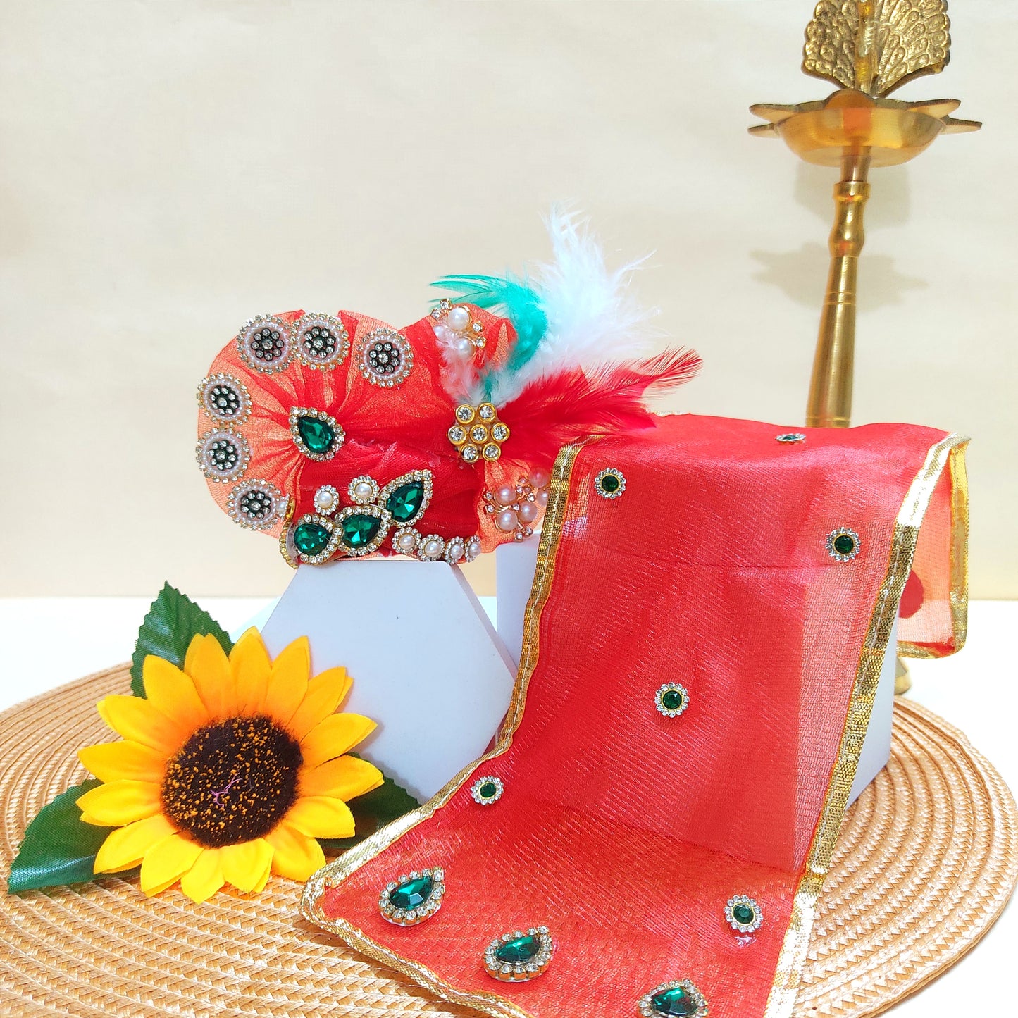Luxury Diwali Red Kanha Ji Poshak with 3D Pearl Balls, Zari Peacock Patches & Diamond Chain Work with Matching Mukut, Pataka Set, Bansuri & A Surprise Gift.