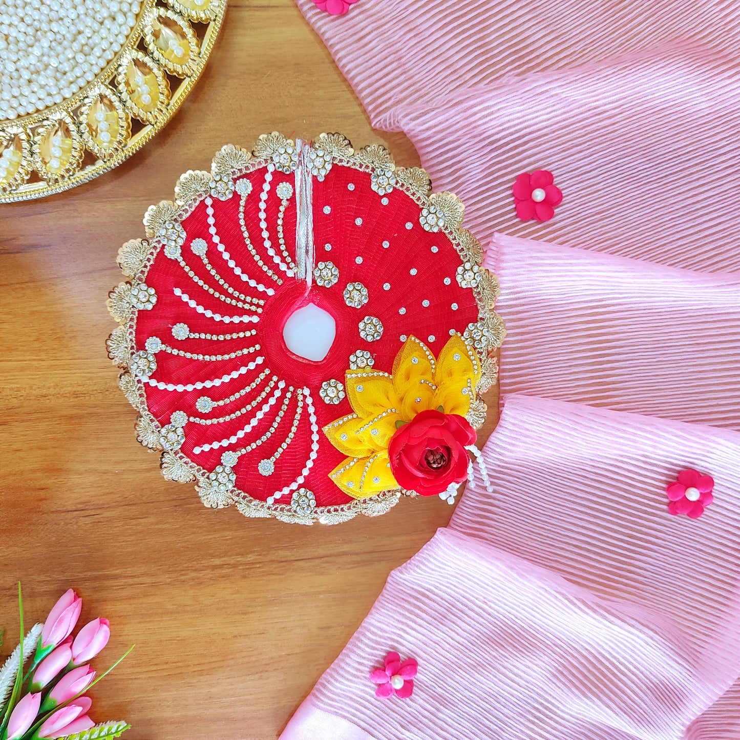 Diwali Special Red & Yellow Kanha Ji Poshak with Diamond Lace & Floral Accents with Mukut, Pataka Set, Bansuri & Full Shringar Set