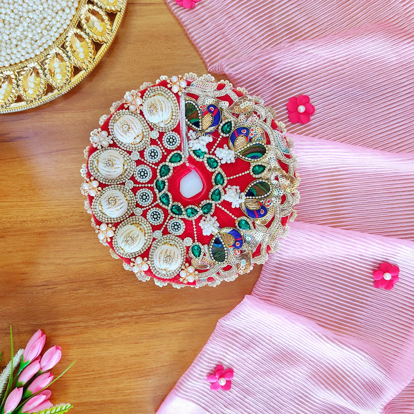 Luxury Diwali Red Kanha Ji Poshak with 3D Pearl Balls, Zari Peacock Patches & Diamond Chain Work with Matching Mukut, Pataka Set, Bansuri & A Surprise Gift.
