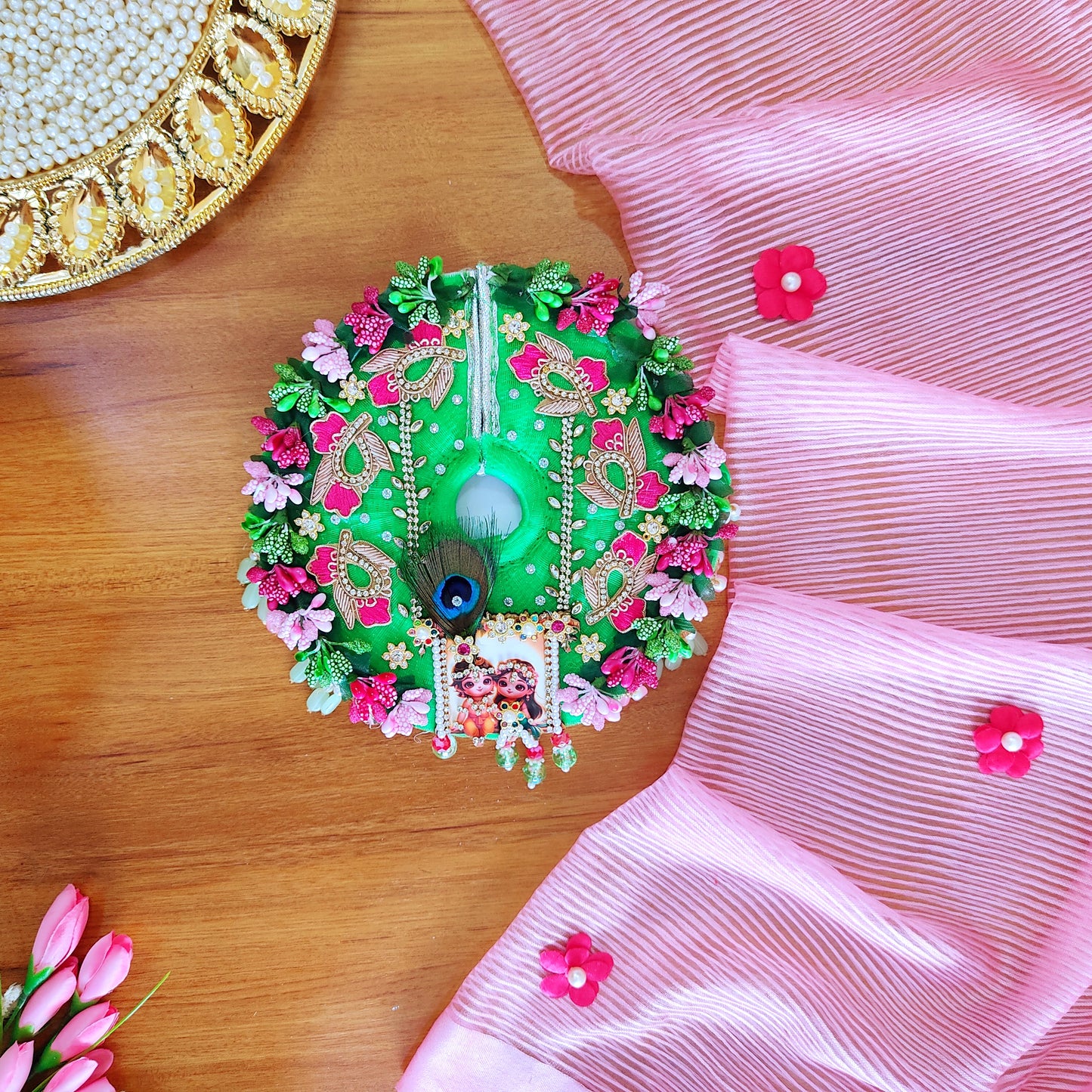 Ram-Sita Ji Jhula Dress – Diwali Special Laddu Gopal Green Color Dress with Matching Mukut, Pataka Set, Bansuri & A Surprise Gift.