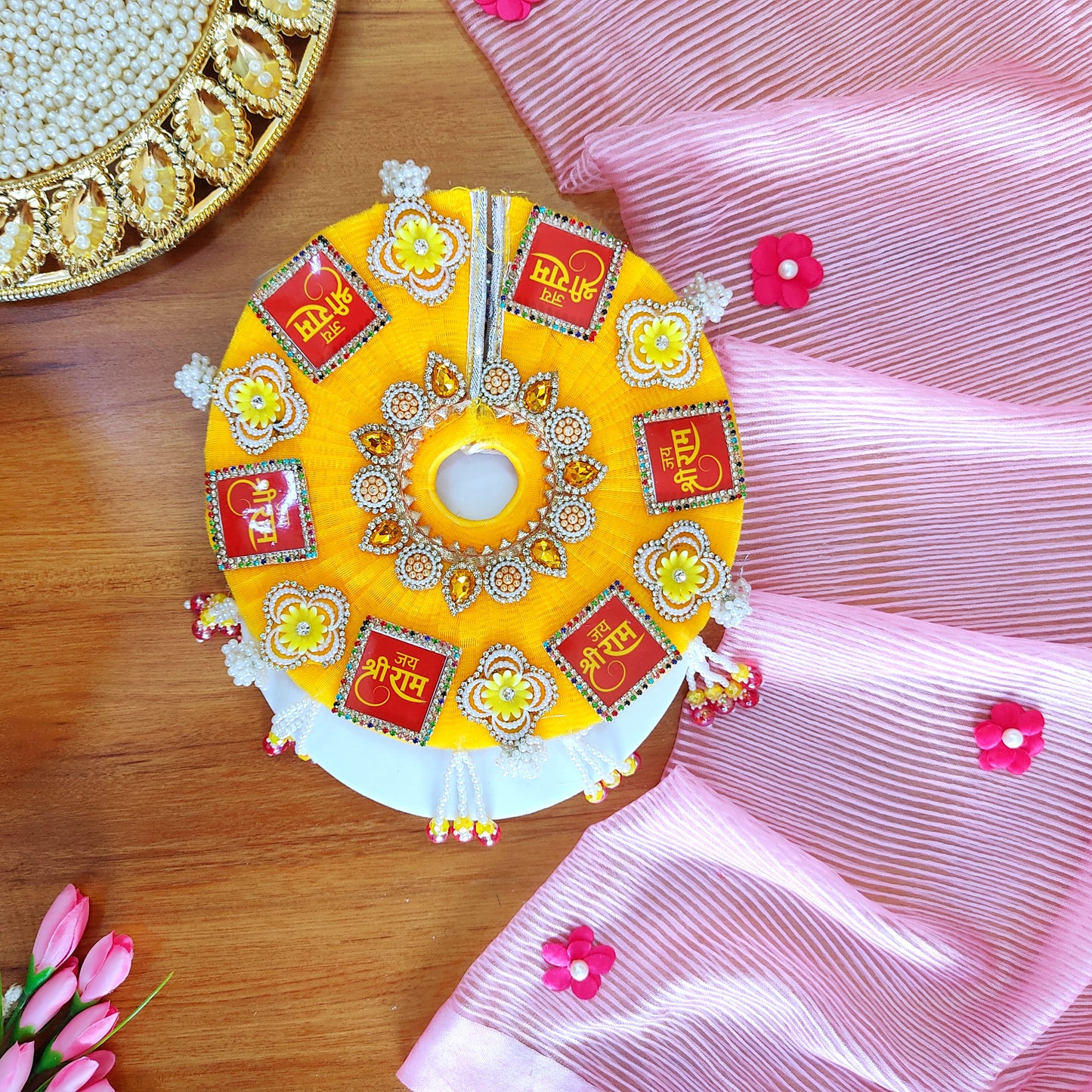 "Jai Shree Ram" Laddu Gopal Diwali Special Dress with Decorative Patches, Diamond Accents and Stone work with Mukut, Pataka Set, Bansuri & Full Shringar Set