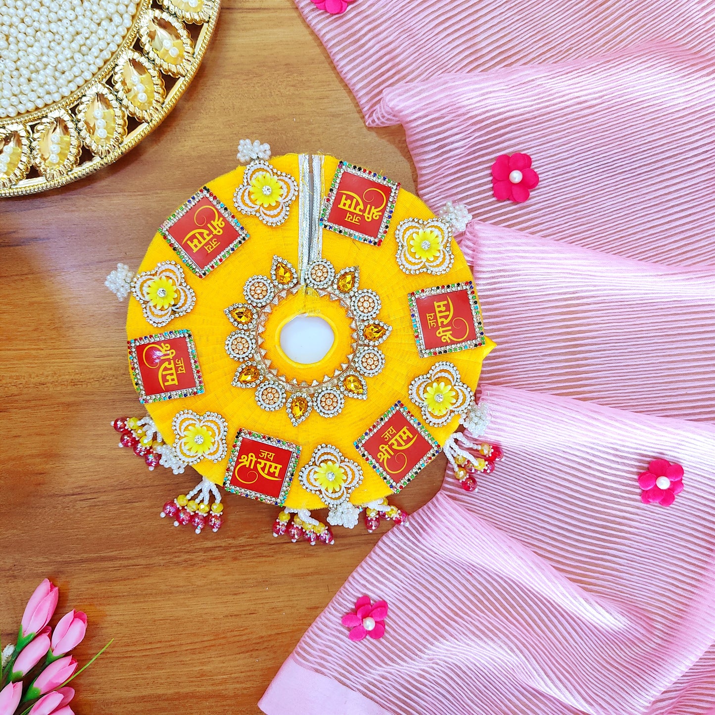 "Jai Shree Ram" Laddu Gopal Diwali Special Dress with Decorative Patches, Diamond Accents and Stone work with Mukut, Pataka Set, Bansuri & Full Shringar Set