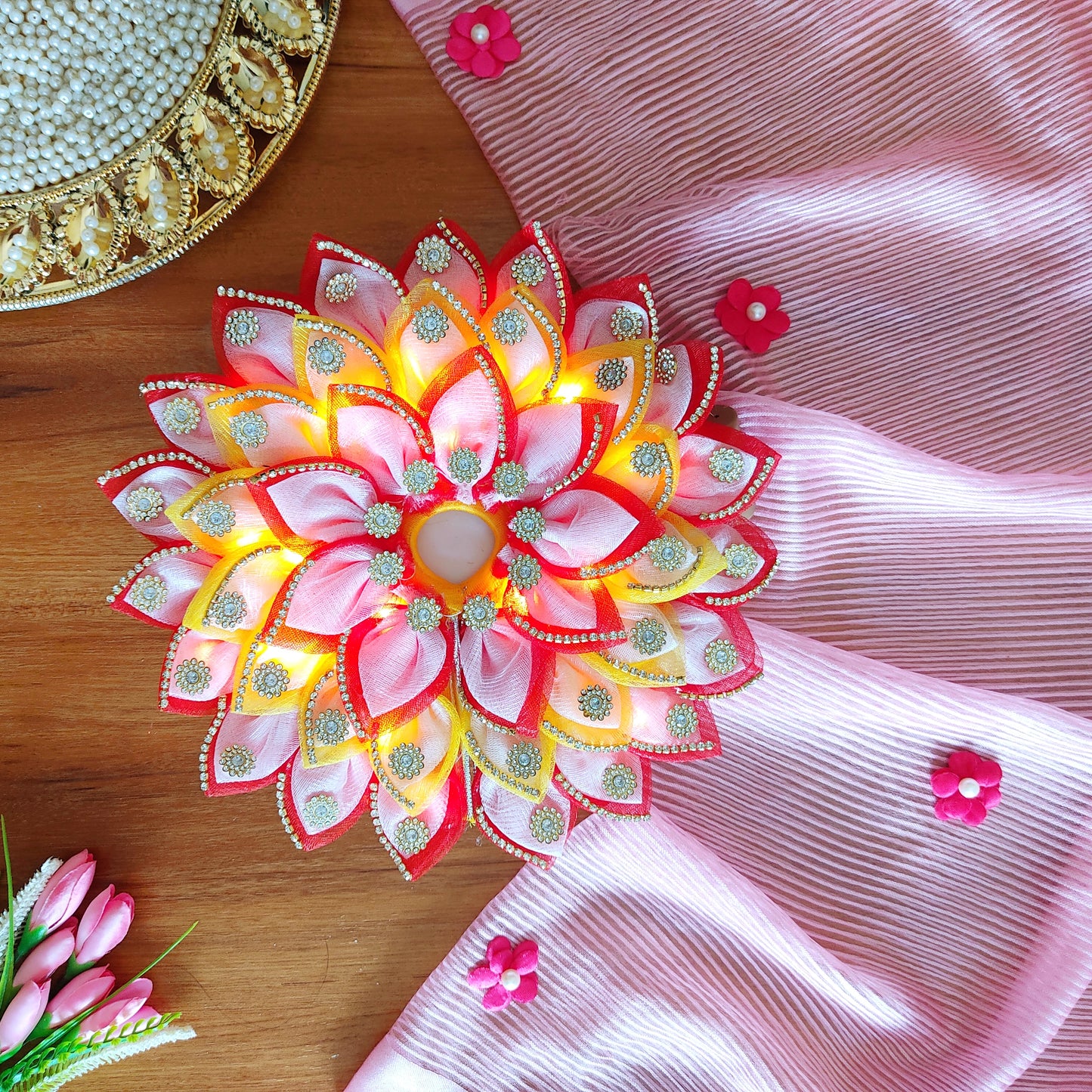 Diwali Special LED Light Up Krishna Dress – Two-In-One Diwali Laddu Gopal Poshak with Mukut, Patakha Set, Bansuri and A Surprise Gift