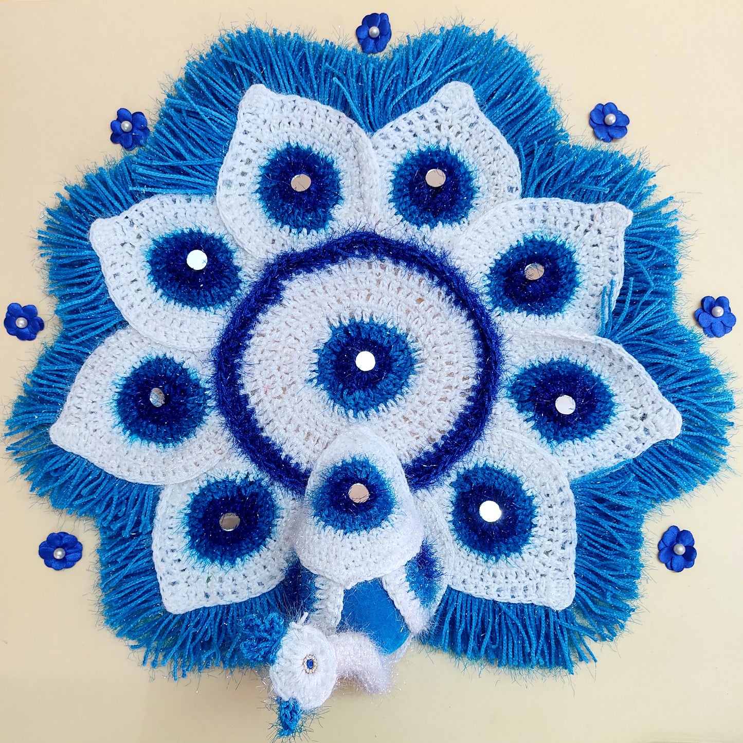 Handmade Crocheted Peacock-Inspired Pink and White Aasan for Kanha Ji | Elegant Thalposh | Sacred Table Cover & Home Decor