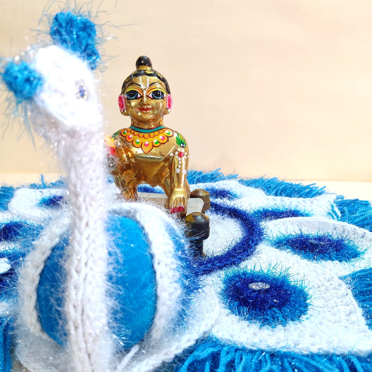 Handmade Crocheted Peacock-Inspired Blue & White Aasan for Kanha Ji | Elegant Thalposh | Sacred Table Cover & Home Decor