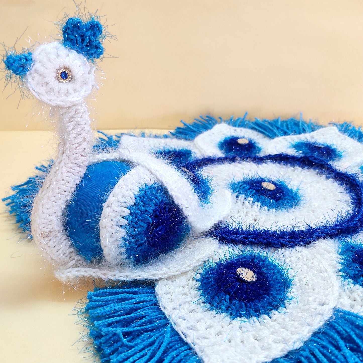 Handmade Crocheted Peacock-Inspired Blue & White Aasan for Kanha Ji | Elegant Thalposh | Sacred Table Cover & Home Decor