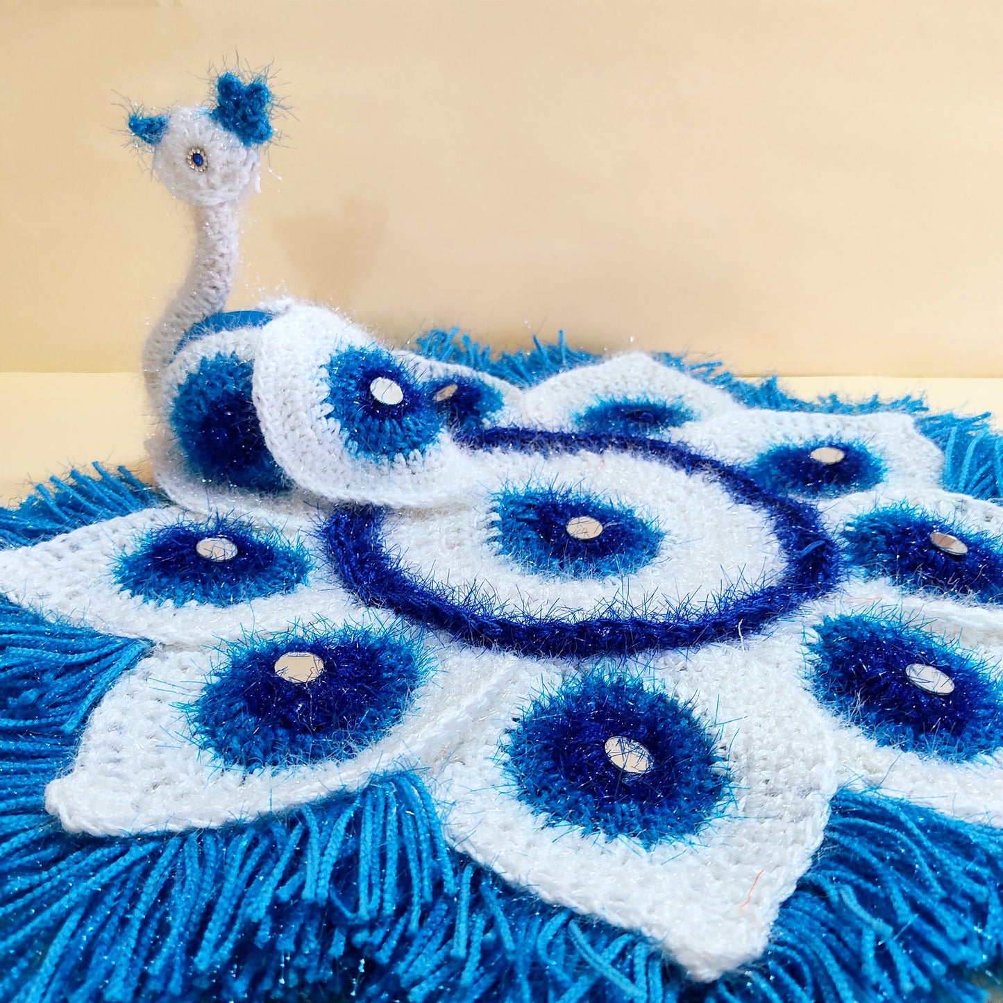 Handmade Crocheted Peacock-Inspired Blue & White Aasan for Kanha Ji | Elegant Thalposh | Sacred Table Cover & Home Decor