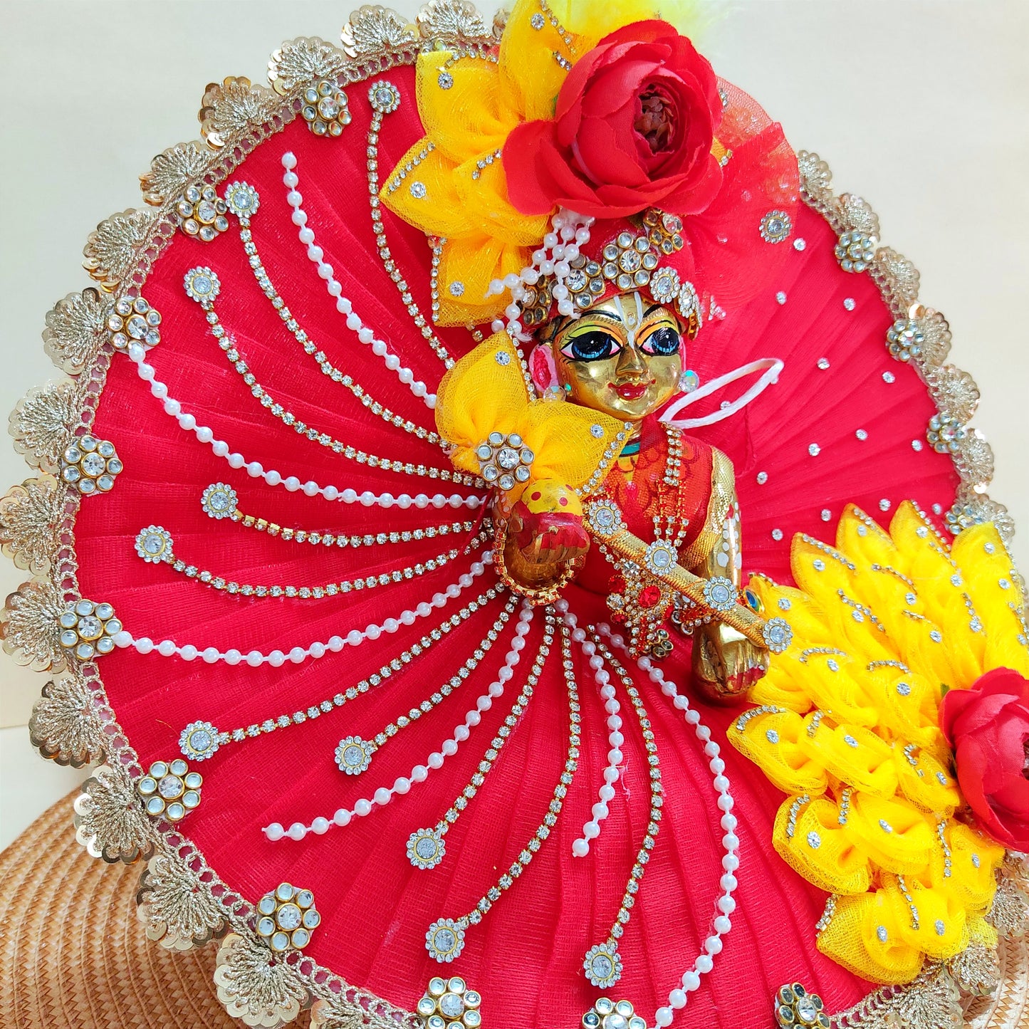 Diwali Special Red & Yellow Kanha Ji Poshak with Diamond Lace & Floral Accents with Mukut, Pataka Set, Bansuri & Full Shringar Set