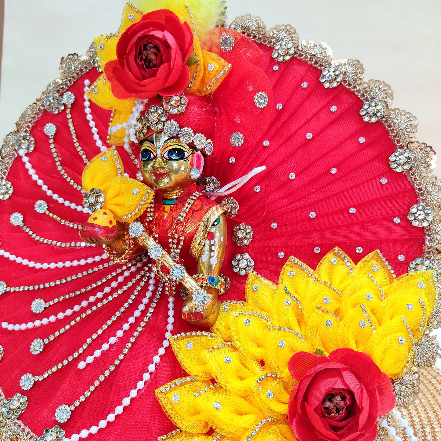 Diwali Special Red & Yellow Kanha Ji Poshak with Diamond Lace & Floral Accents with Mukut, Pataka Set, Bansuri & Full Shringar Set