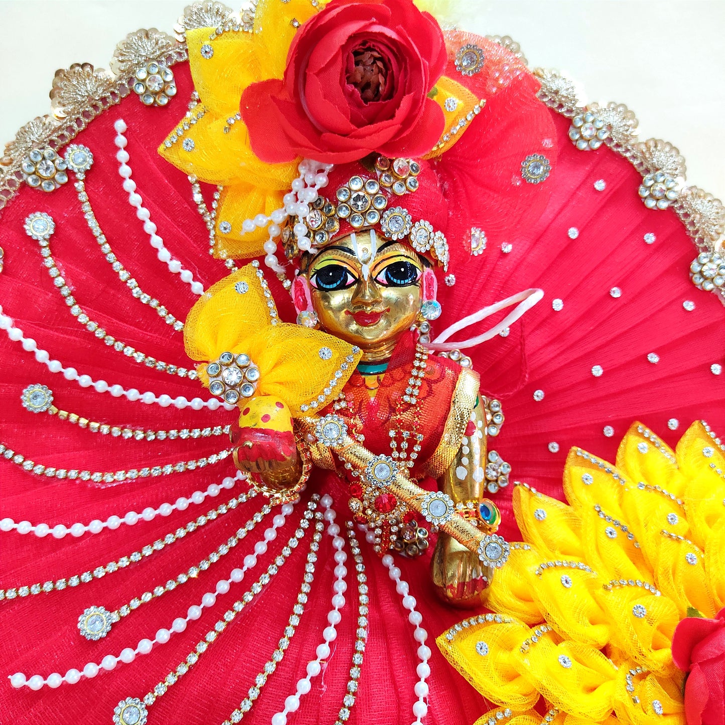 Diwali Special Red & Yellow Kanha Ji Poshak with Diamond Lace & Floral Accents with Mukut, Pataka Set, Bansuri & Full Shringar Set