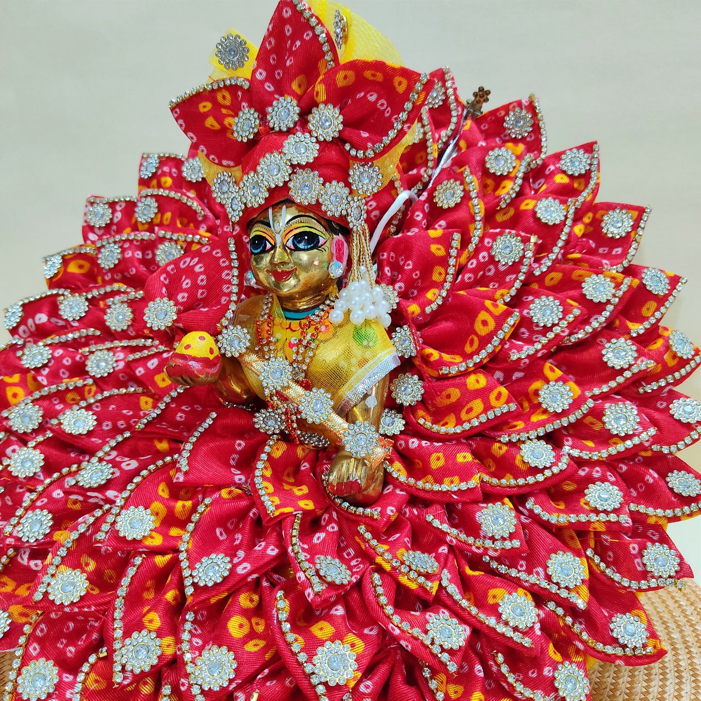 Diwali Special Traditional Bandhej Print Kanha Ji Dress with Mukut, Pataka Set, Bansuri & Full Shringar Set