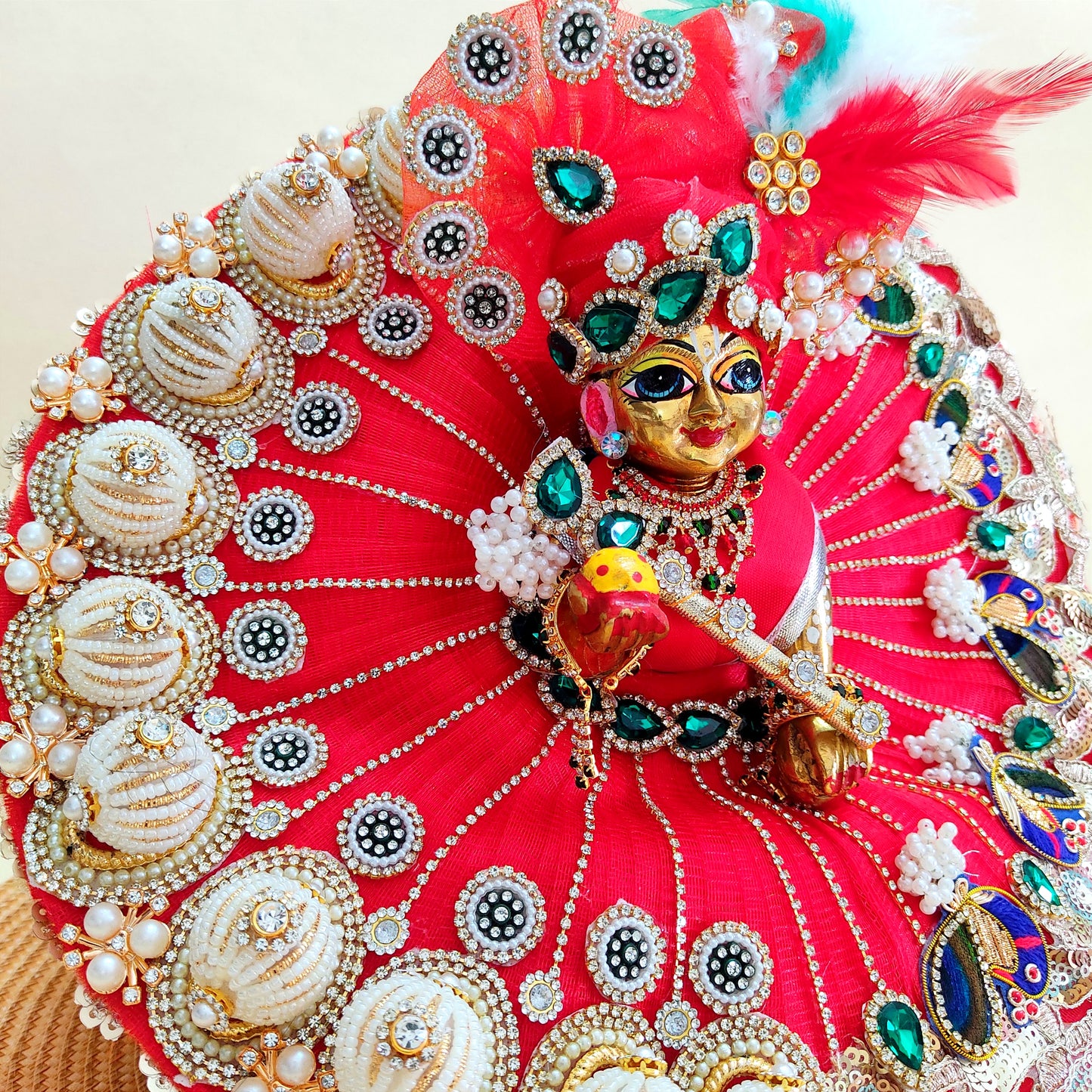 Luxury Diwali Red Kanha Ji Poshak with 3D Pearl Balls, Zari Peacock Patches & Diamond Chain Work with Matching Mukut, Pataka Set, Bansuri & A Surprise Gift.