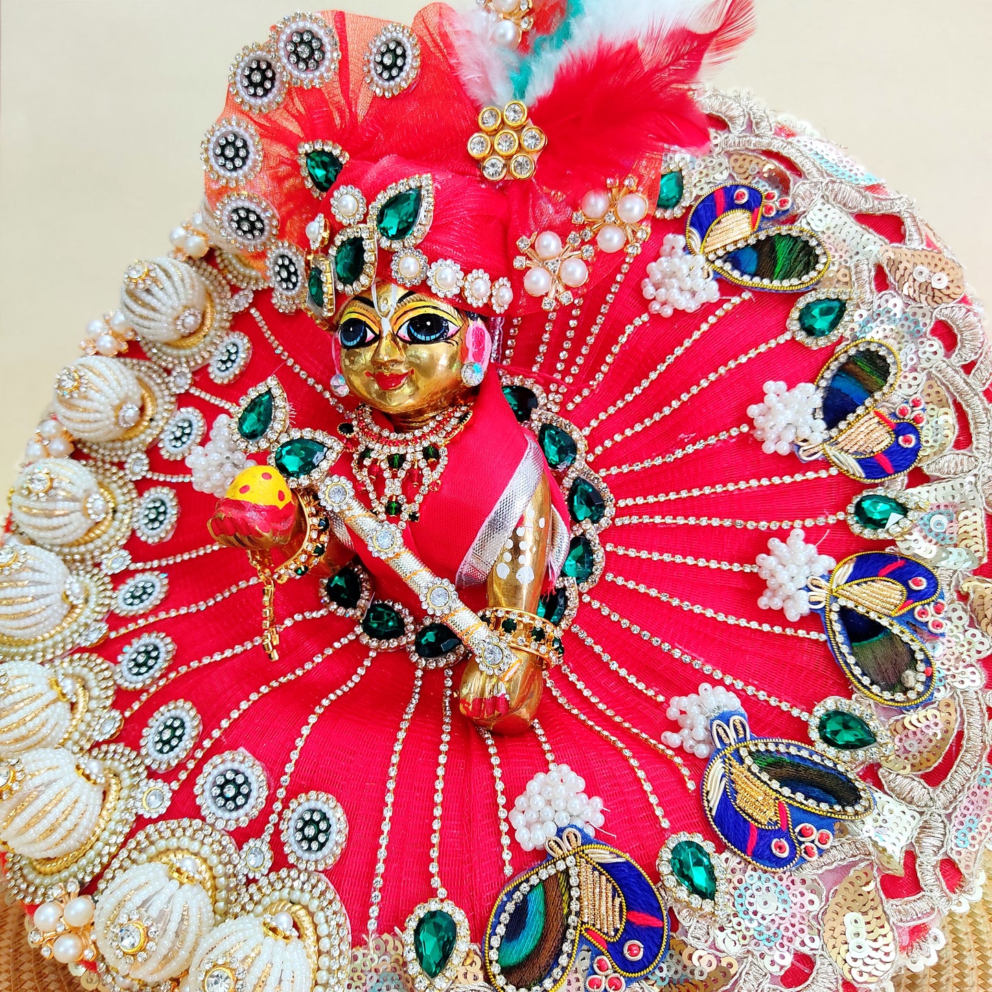 Luxury Diwali Red Kanha Ji Poshak with 3D Pearl Balls, Zari Peacock Patches & Diamond Chain Work with Matching Mukut, Pataka Set, Bansuri & A Surprise Gift.