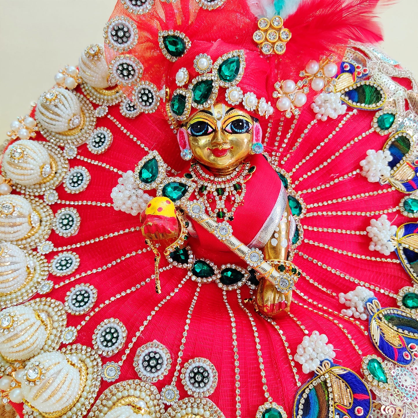 Luxury Diwali Red Kanha Ji Poshak with 3D Pearl Balls, Zari Peacock Patches & Diamond Chain Work with Matching Mukut, Pataka Set, Bansuri & A Surprise Gift.