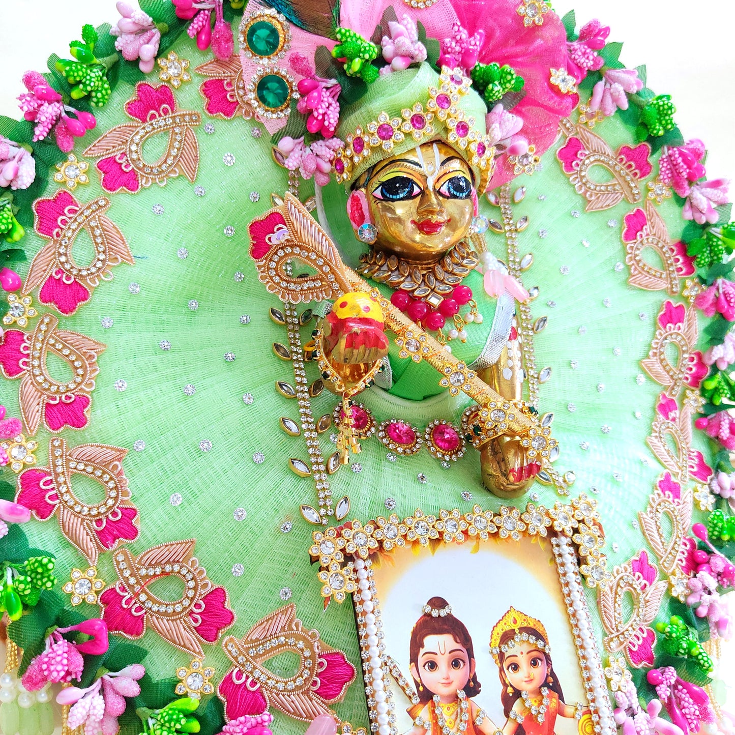 Ram-Sita Ji Jhula Dress – Diwali Special Laddu Gopal Green Color Dress with Matching Mukut, Pataka Set, Bansuri & A Surprise Gift.