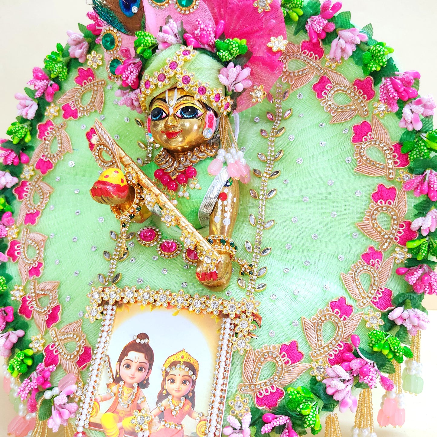 Ram-Sita Ji Jhula Dress – Diwali Special Laddu Gopal Green Color Dress with Matching Mukut, Pataka Set, Bansuri & A Surprise Gift.
