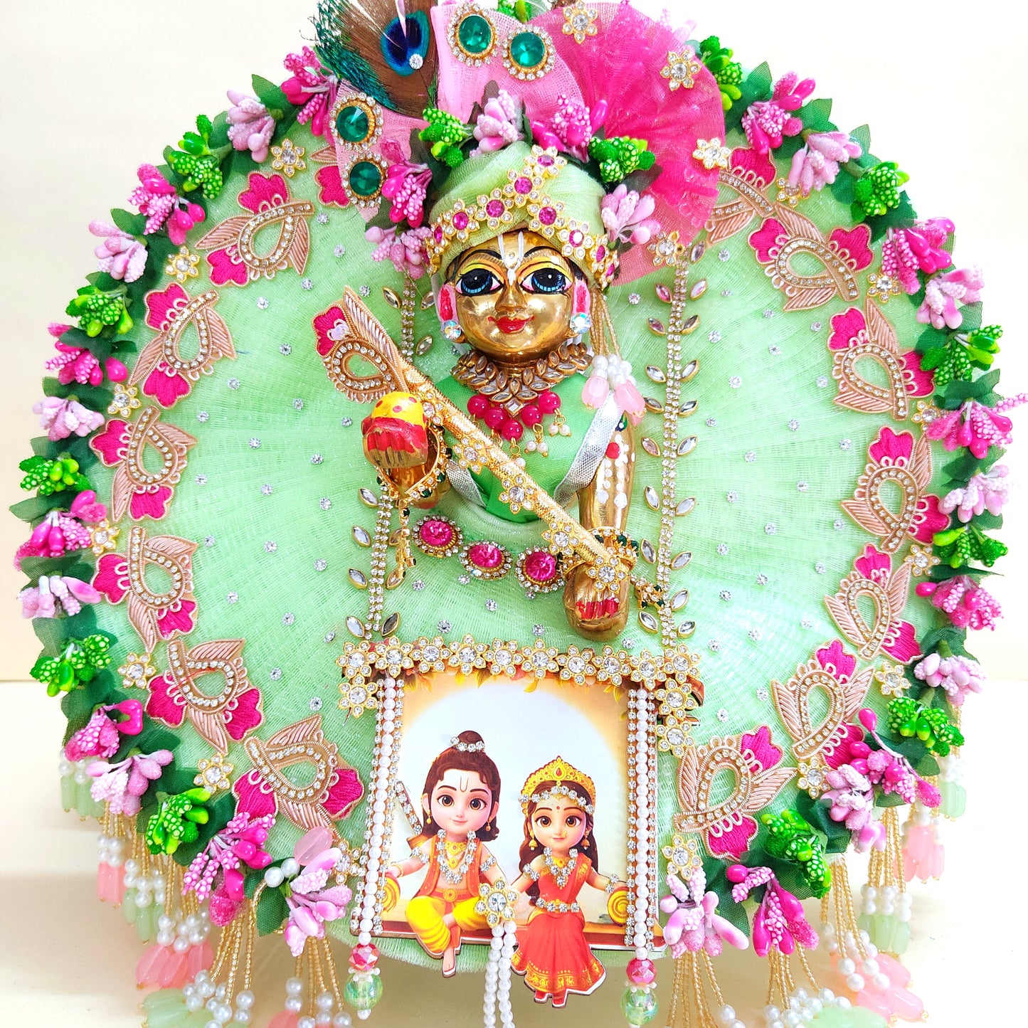Ram-Sita Ji Jhula Dress – Diwali Special Laddu Gopal Green Color Dress with Matching Mukut, Pataka Set, Bansuri & A Surprise Gift.
