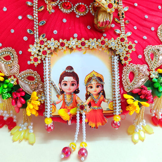 Ram-Sita Ji Jhula Dress – Diwali Special Laddu Gopal Dress with Matching Mukut, Pataka Set, Bansuri & A Surprise Gift.