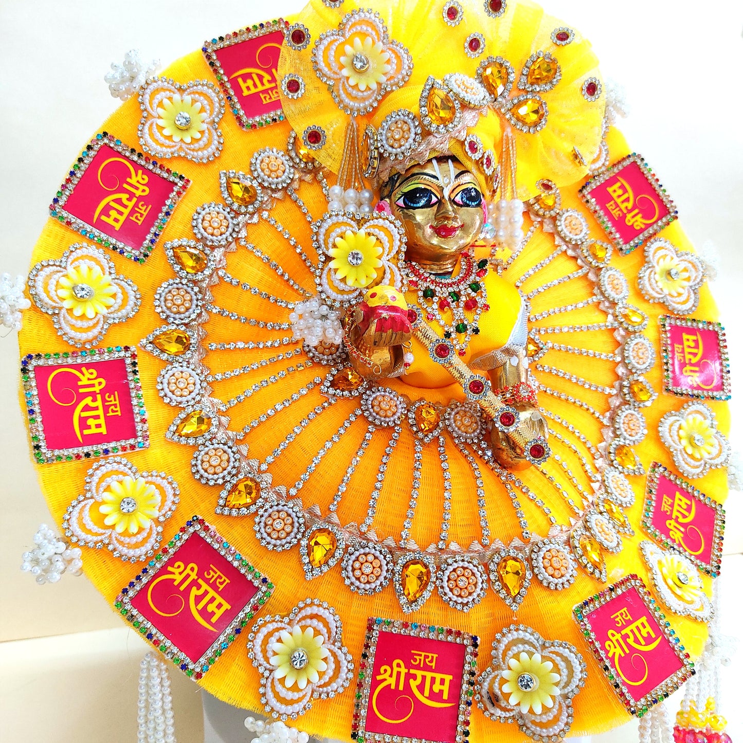 "Jai Shree Ram" Laddu Gopal Diwali Special Dress with Decorative Patches, Diamond Accents and Stone work with Mukut, Pataka Set, Bansuri & Full Shringar Set