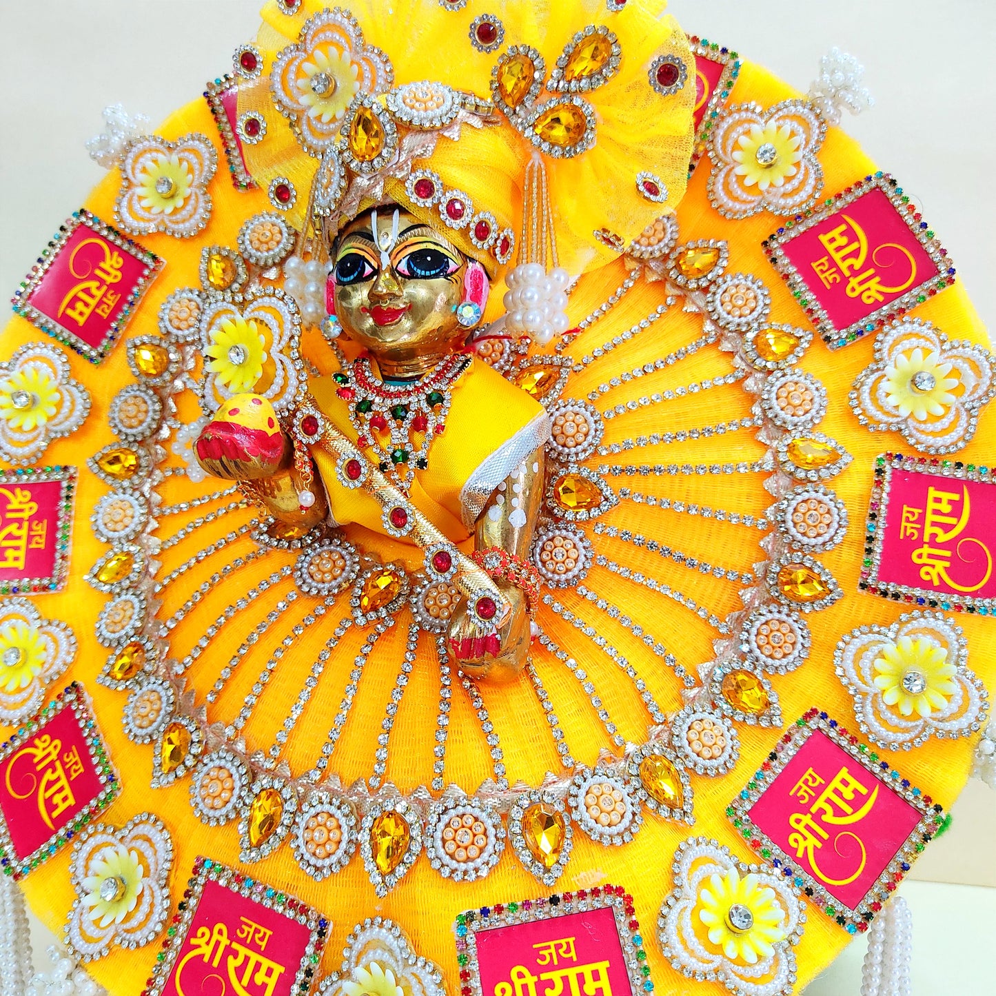"Jai Shree Ram" Laddu Gopal Diwali Special Dress with Decorative Patches, Diamond Accents and Stone work with Mukut, Pataka Set, Bansuri & Full Shringar Set