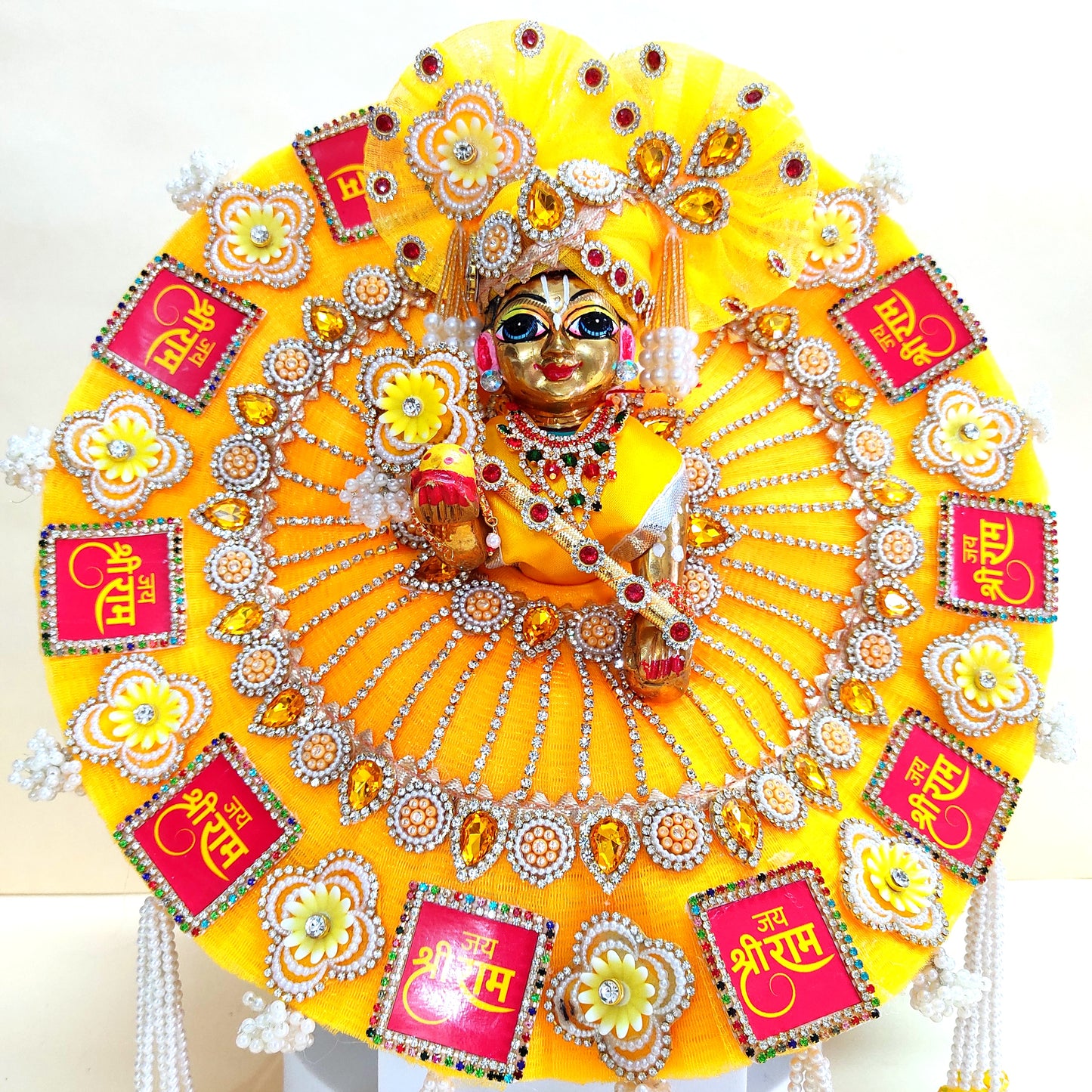 "Jai Shree Ram" Laddu Gopal Diwali Special Dress with Decorative Patches, Diamond Accents and Stone work with Mukut, Pataka Set, Bansuri & Full Shringar Set