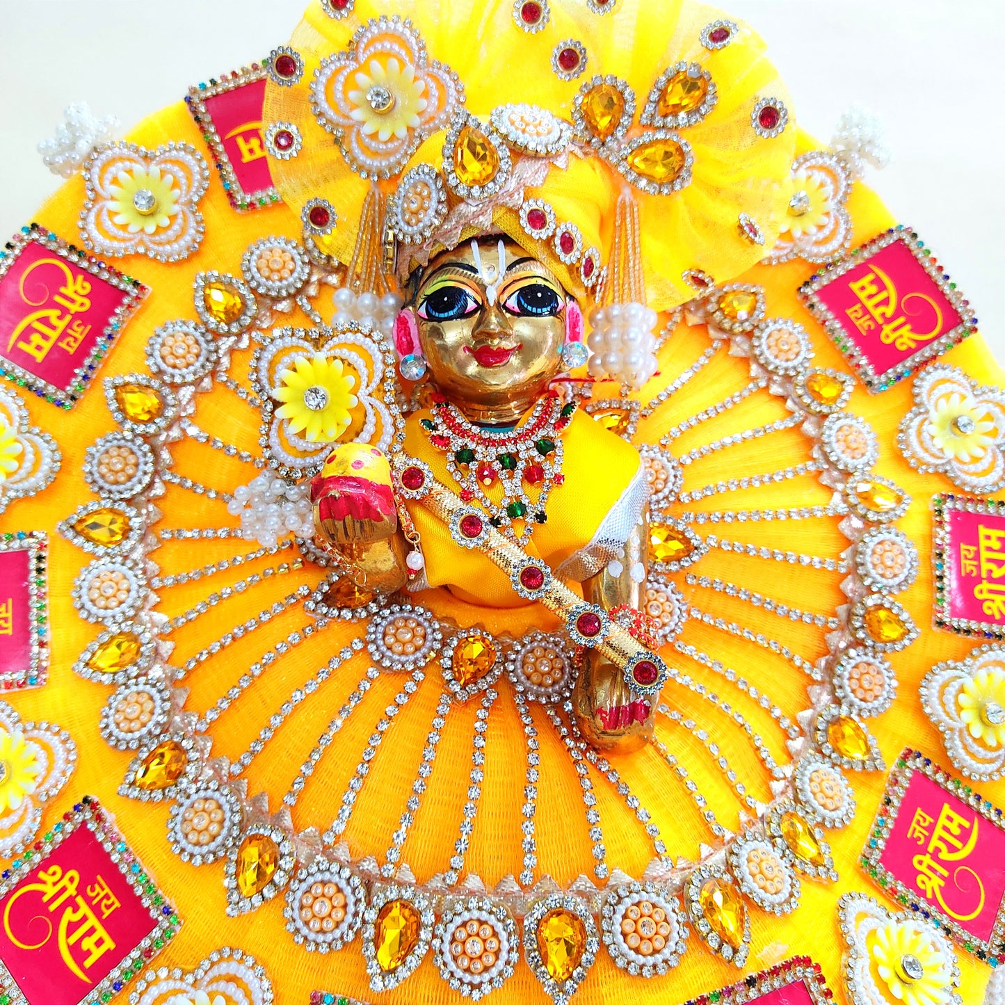 "Jai Shree Ram" Laddu Gopal Diwali Special Dress with Decorative Patches, Diamond Accents and Stone work with Mukut, Pataka Set, Bansuri & Full Shringar Set