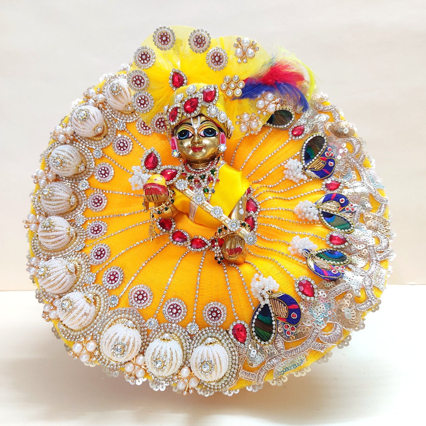 Diwali Special Yellow Laddu Gopal Poshak with 3D Pearl Balls, Zari Peacock Patches & Diamond Chain Work with Matching Mukut, Pataka Set, Bansuri & A Surprise Gift.