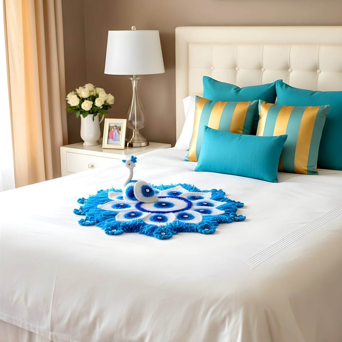 Handmade Crocheted Peacock-Inspired Blue & White Aasan for Kanha Ji | Elegant Thalposh | Sacred Table Cover & Home Decor