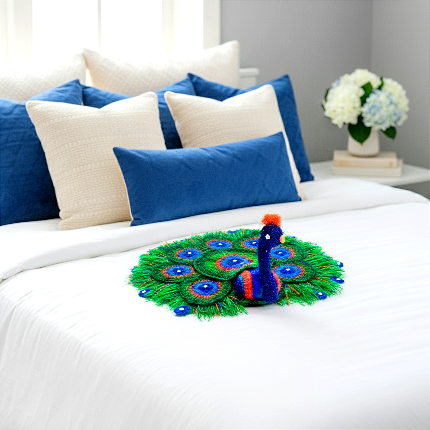 Handmade Crocheted Peacock-Inspired Aasan for Kanha Ji | Elegant Thalposh | Sacred Table Cover & Home Decor