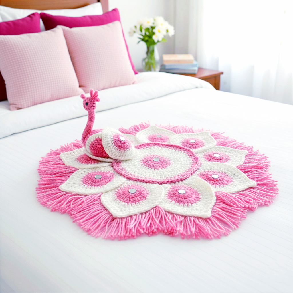 Pink and white crocheted rug with a peacock design on a bed.