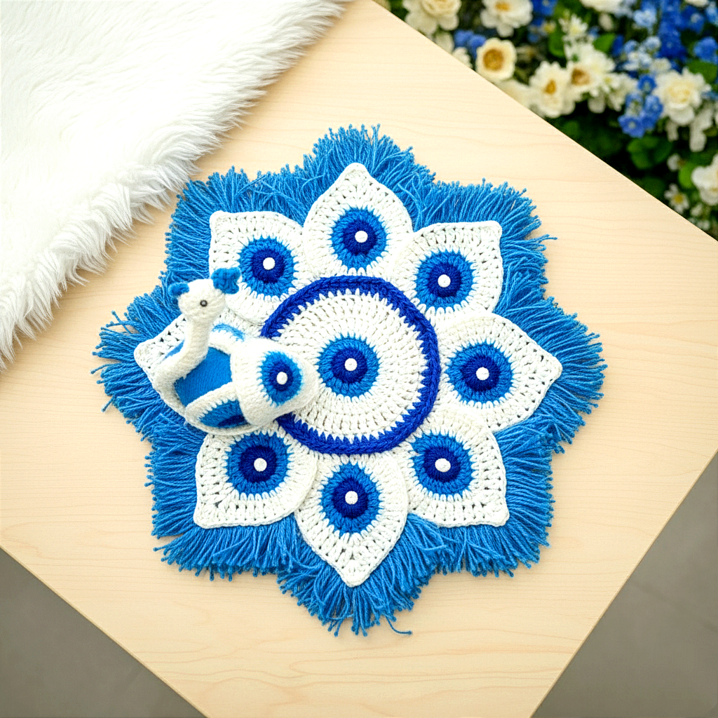 Handmade Crocheted Peacock-Inspired Blue & White Aasan for Kanha Ji | Elegant Thalposh | Sacred Table Cover & Home Decor