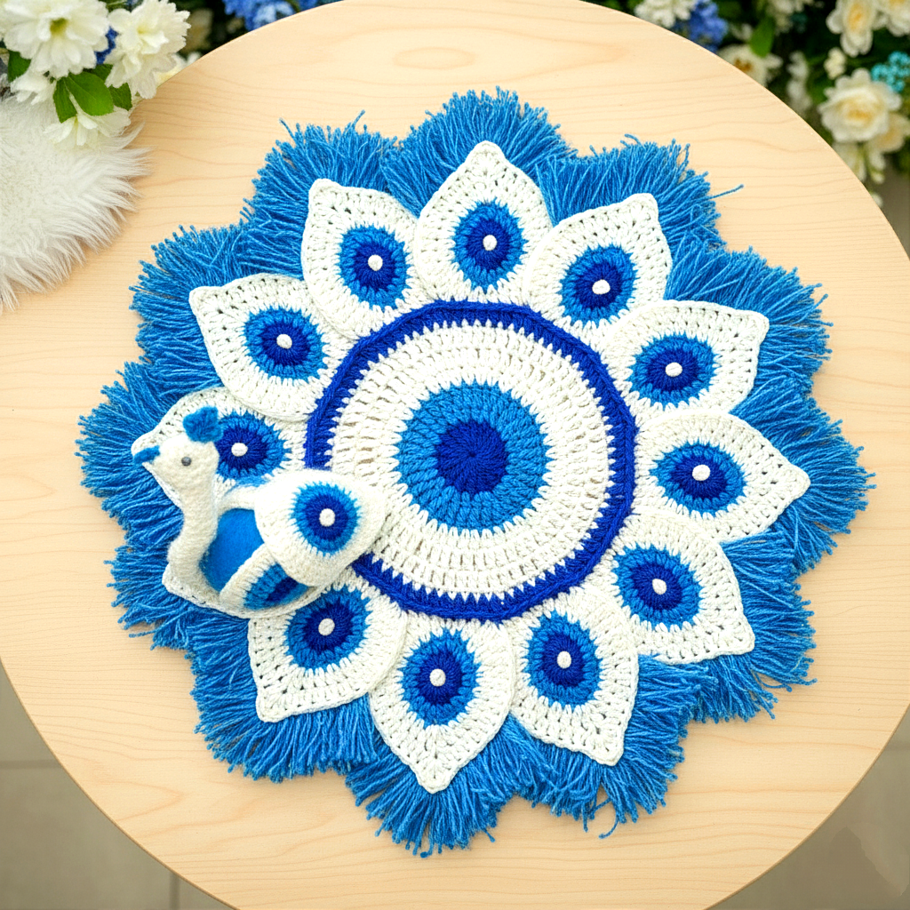 Handmade Crocheted Peacock-Inspired Blue & White Aasan for Kanha Ji | Elegant Thalposh | Sacred Table Cover & Home Decor