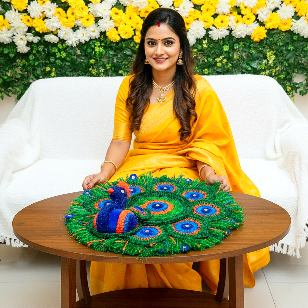 Woman in a yellow saree sitting behind Hand-knitted 3D mor design aasan for Thakur Ji