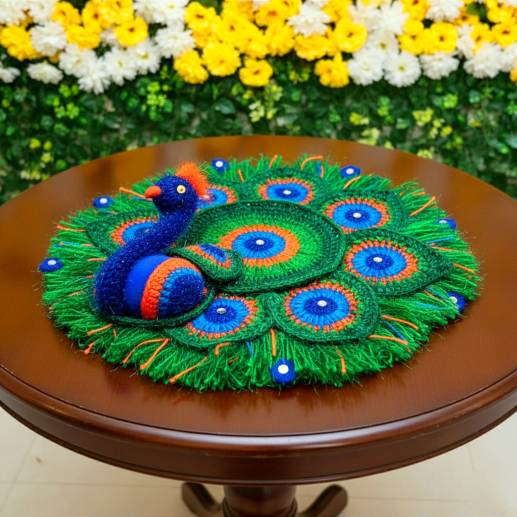 Handmade Crocheted Peacock-Inspired Aasan for Kanha Ji | Elegant Thalposh | Sacred Table Cover & Home Decor
