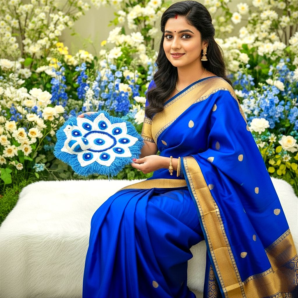 Handmade Crocheted Peacock-Inspired Blue & White Aasan for Kanha Ji | Elegant Thalposh | Sacred Table Cover & Home Decor