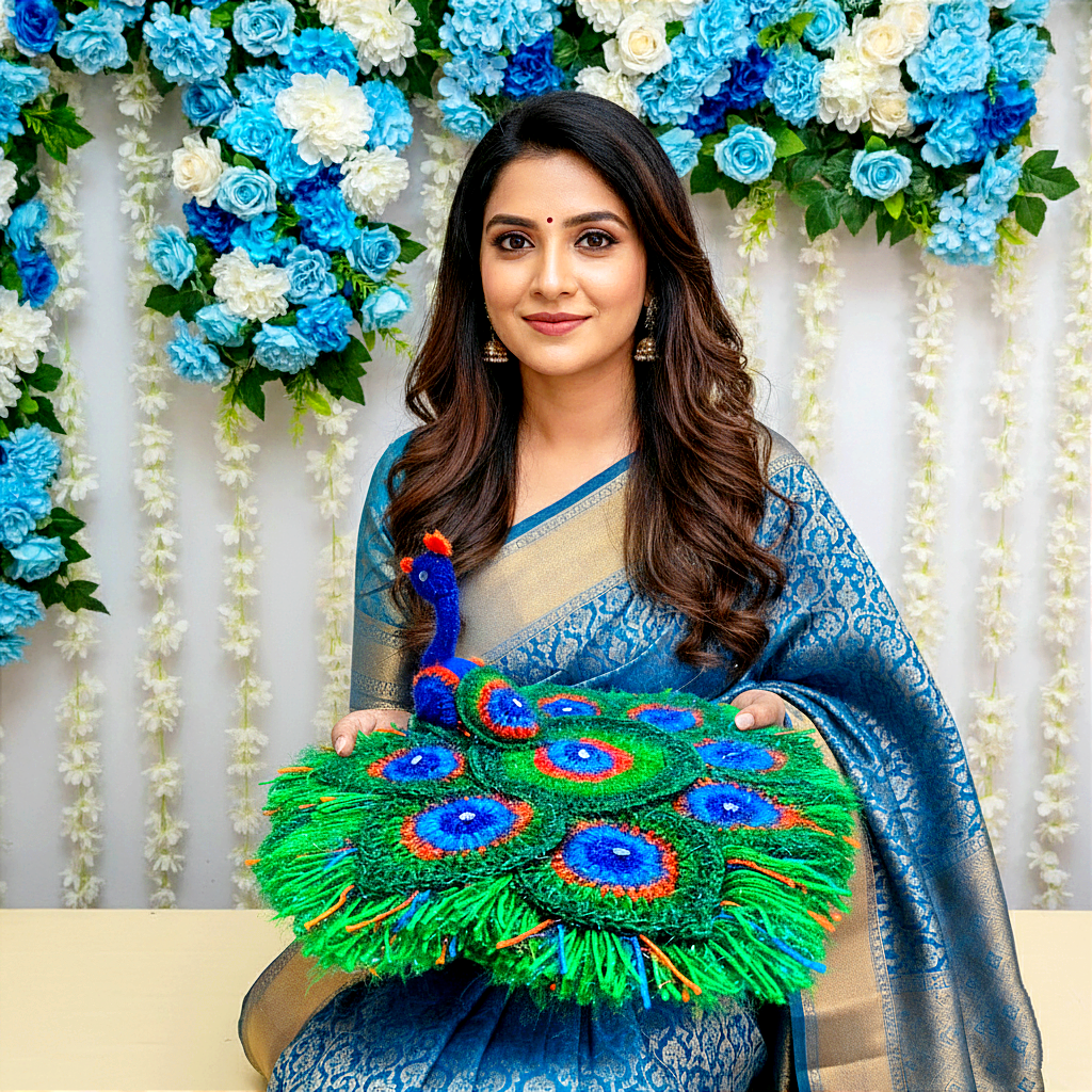 Handmade Crocheted Peacock-Inspired Aasan for Kanha Ji | Elegant Thalposh | Sacred Table Cover & Home Decor
