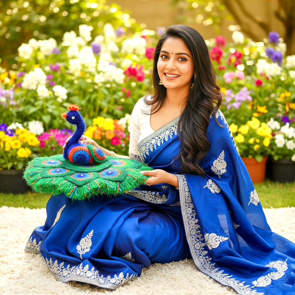Handmade Crocheted Peacock-Inspired Aasan for Kanha Ji | Elegant Thalposh | Sacred Table Cover & Home Decor