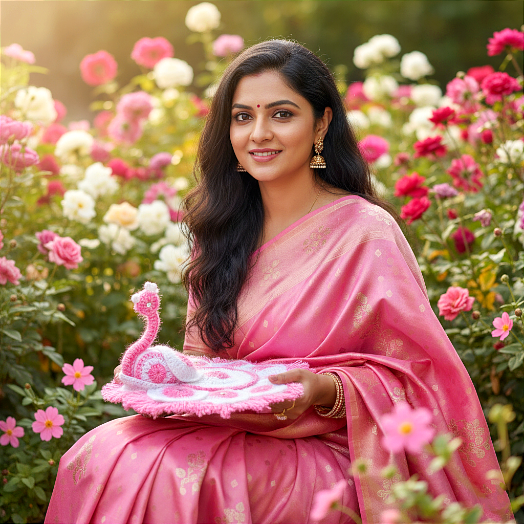 Handmade Crocheted Peacock-Inspired Pink and White Aasan for Kanha Ji | Elegant Thalposh | Sacred Table Cover & Home Decor