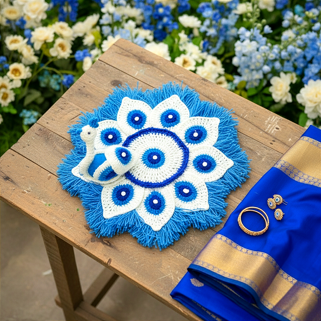 Handmade Crocheted Peacock-Inspired Blue & White Aasan for Kanha Ji | Elegant Thalposh | Sacred Table Cover & Home Decor