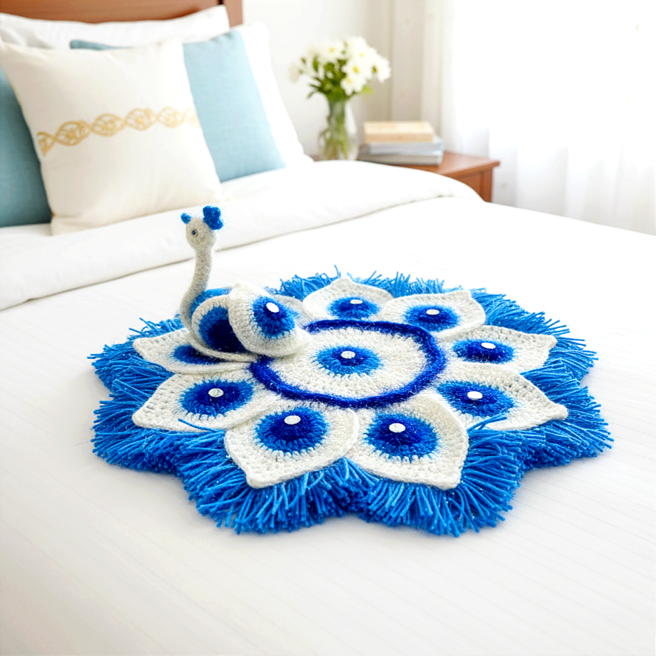 Handmade Crocheted Peacock-Inspired Blue & White Aasan for Kanha Ji | Elegant Thalposh | Sacred Table Cover & Home Decor