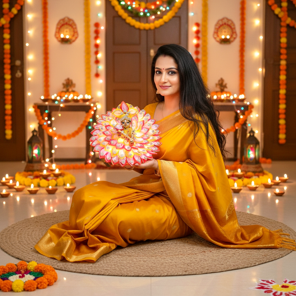 Diwali Special LED Light Up Kanha ji Dress – Two-In-One Fancy Red & Yellow Laddu Gopal Dress with Mukut, Pataka Set, Bansuri & Full Shringar Set