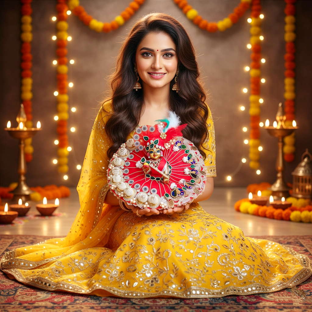 Luxury Diwali Red Kanha Ji Poshak with 3D Pearl Balls, Zari Peacock Patches & Diamond Chain Work with Matching Mukut, Pataka Set, Bansuri & A Surprise Gift.