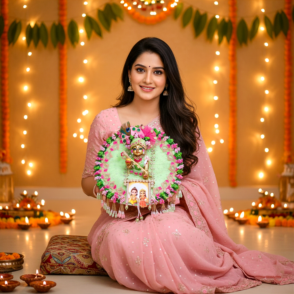 Ram-Sita Ji Jhula Dress – Diwali Special Laddu Gopal Green Color Dress with Matching Mukut, Pataka Set, Bansuri & A Surprise Gift.