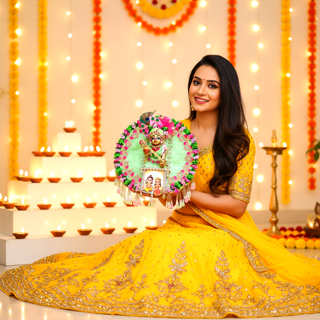 Ram-Sita Ji Jhula Dress – Diwali Special Laddu Gopal Green Color Dress with Matching Mukut, Pataka Set, Bansuri & A Surprise Gift.