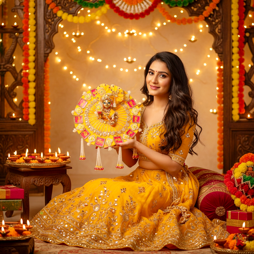 "Jai Shree Ram" Laddu Gopal Diwali Special Dress with Decorative Patches, Diamond Accents and Stone work with Mukut, Pataka Set, Bansuri & Full Shringar Set