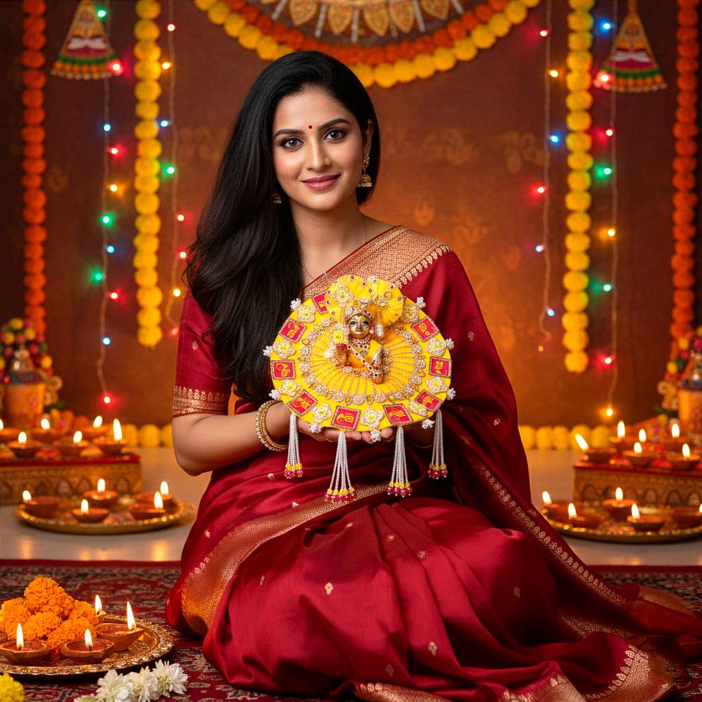 "Jai Shree Ram" Laddu Gopal Diwali Special Dress with Decorative Patches, Diamond Accents and Stone work with Mukut, Pataka Set, Bansuri & Full Shringar Set