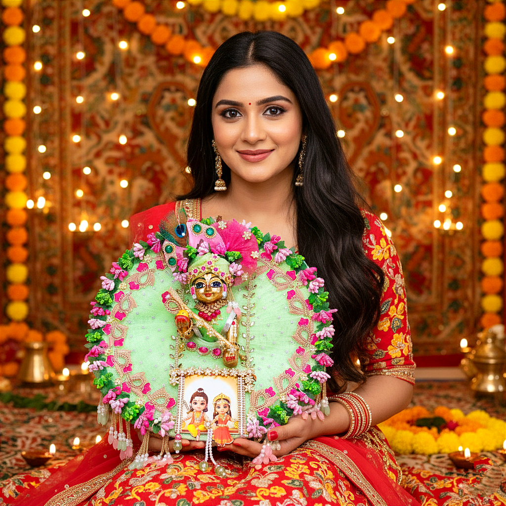Ram-Sita Ji Jhula Dress – Diwali Special Laddu Gopal Green Color Dress with Matching Mukut, Pataka Set, Bansuri & A Surprise Gift.